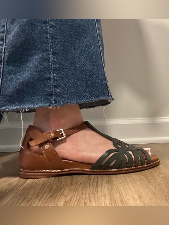 PIKOLINOS Shoes - PIKOLINOS Teal Strappy T‑Bar Leather Sandal with Brown Footbed